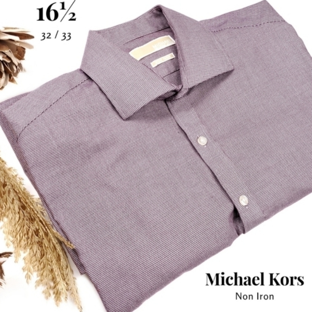 Michael Kors Men Non Iron Red Plum Spread Collar Dress Shirt Size 16½ 32…
